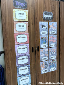 Be inspired by this farmhouse themed music room.  Rustic decor and bold accents help set this music classroom up for optimal learning.  Bulletin boards, flexible seating, organization ideas and more!