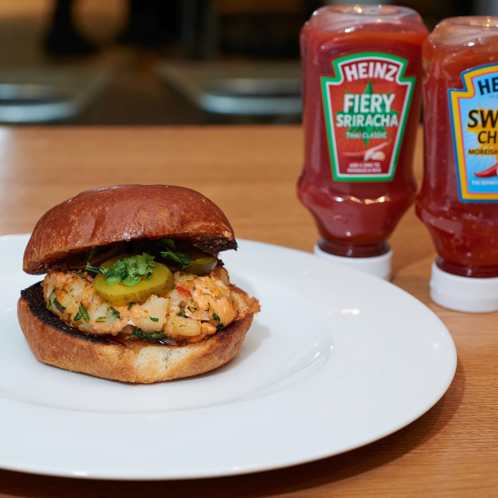 Bistro Becs and Family Heinz Chilli Sauce Off Gourmet Seafood Burger