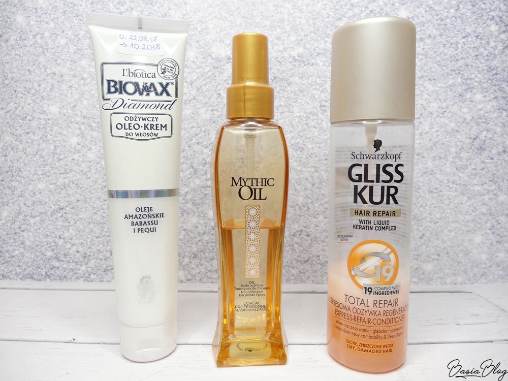 Biovas Oleokrem Diamond, L'Oreal Mythic Oil, Gliss Kur odżywka dwufazowa w sprayu