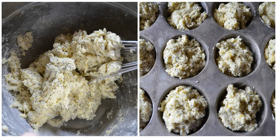 Lemon Poppy Seed Muffin batter in a muffin tin.