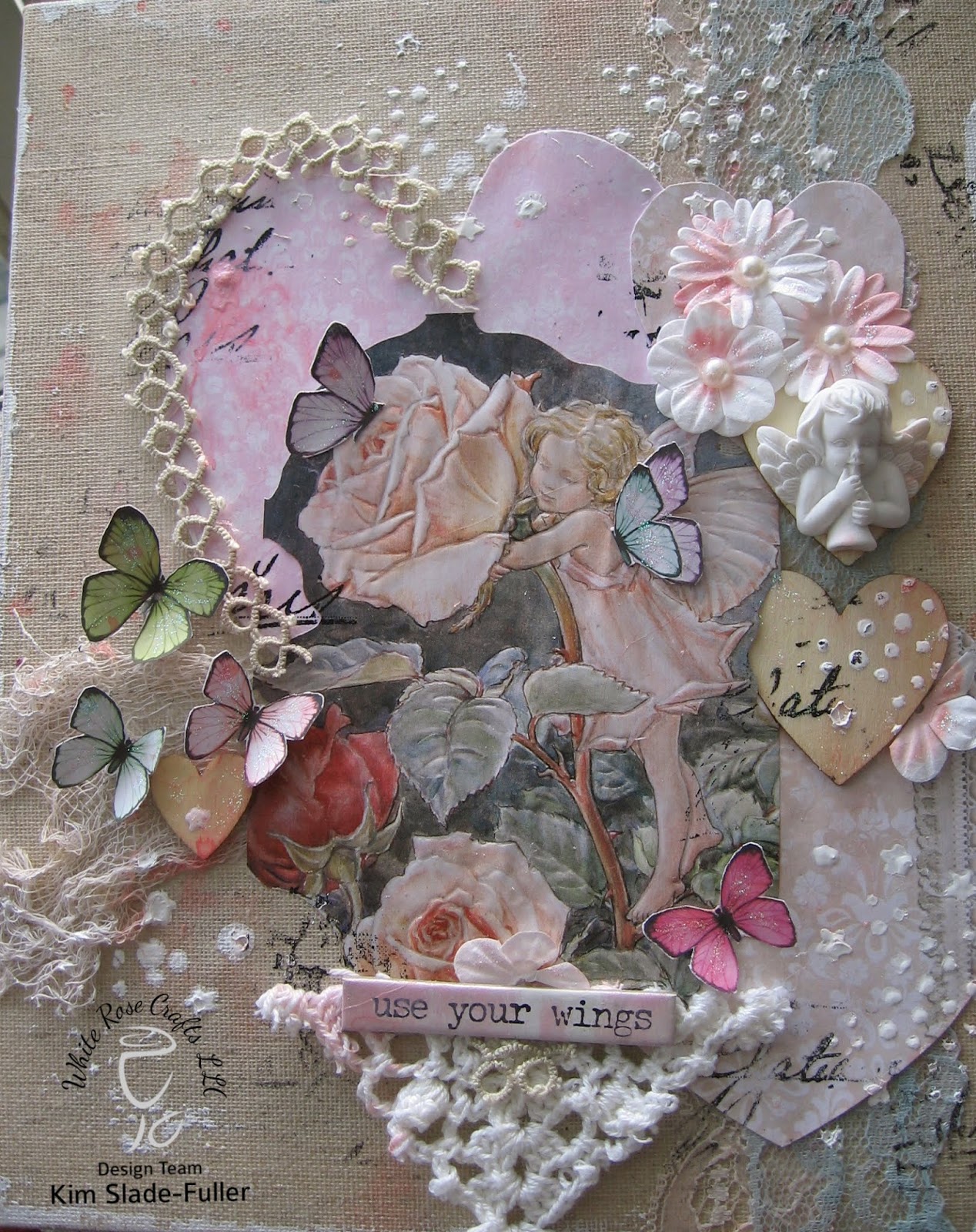 AngelDream Crafts Use Your Wings Burlap Mixed Media Canvas White Rose