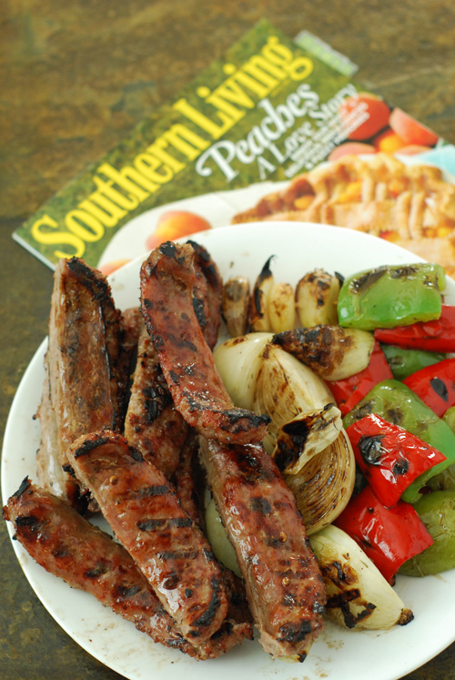 Grilled Peppers and Sausage with Cheese Grits