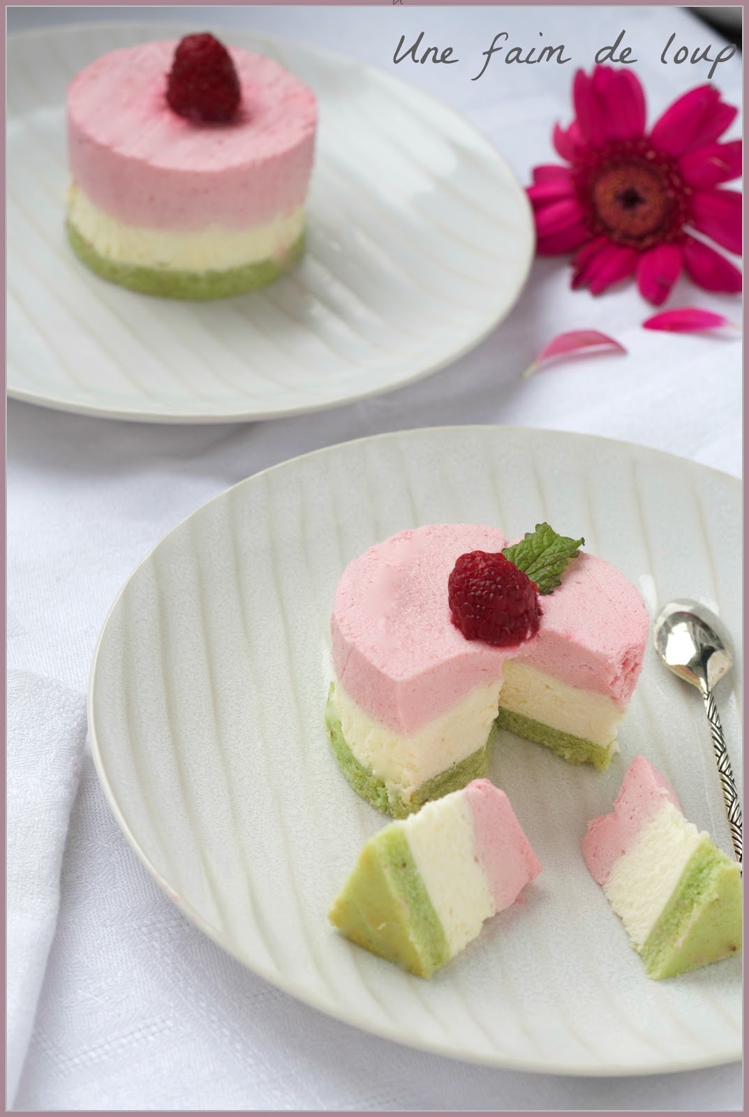 Une Faim De Loup Bavarois Chocolat Blanc Framboises Sur Financier A La Pistache
