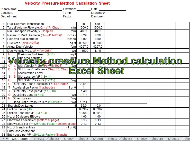 Engineeringxls HVAC Velocity Pressure Method Excel Calculations