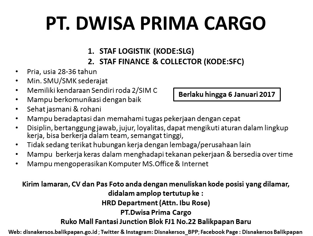 Lowongan Kerja Kota Balikpapan Lowongan PT. DWISA PRIMA CARGO