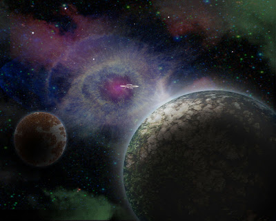 fantasy space scene with spaceship