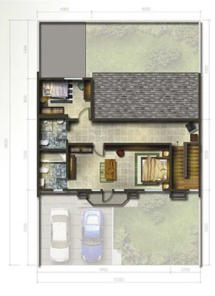 Denah rumah minimalis ukuran 12x18 meter 4 kamar tidur 2 lantai