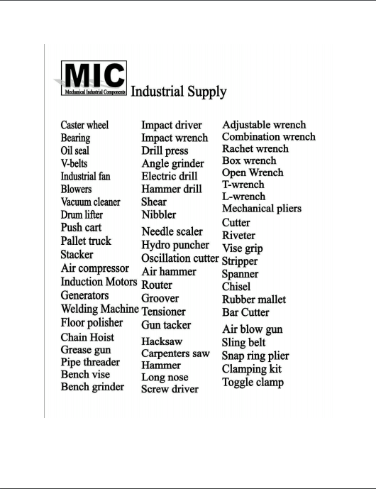MIC INDUSTRIAL SUPPLY CEBU Product List
