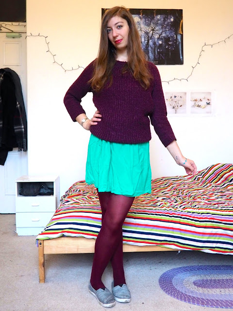 Ariel Disneybound outfit from The Little Mermaid - purple wooly jumper, green skirt & burgundy tights