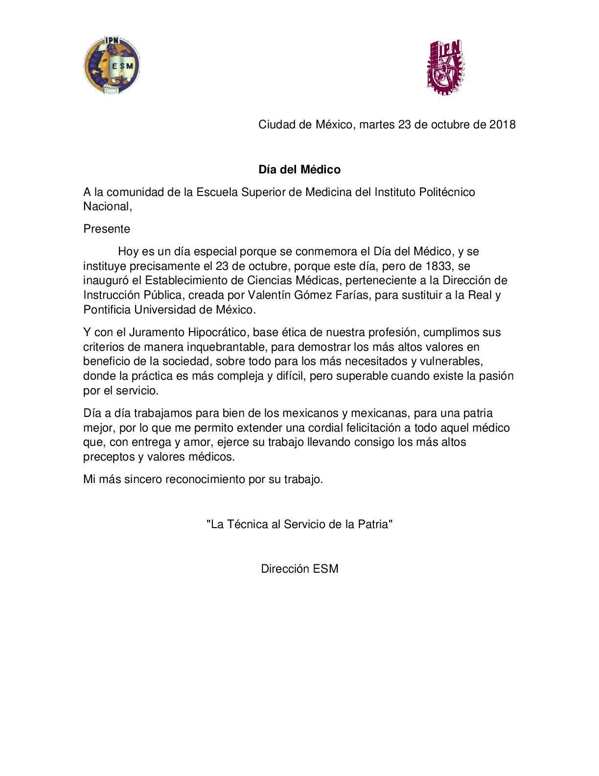 Blog de la Escuela Superior de Medicina oficial Carta con motivo del Día del Médico