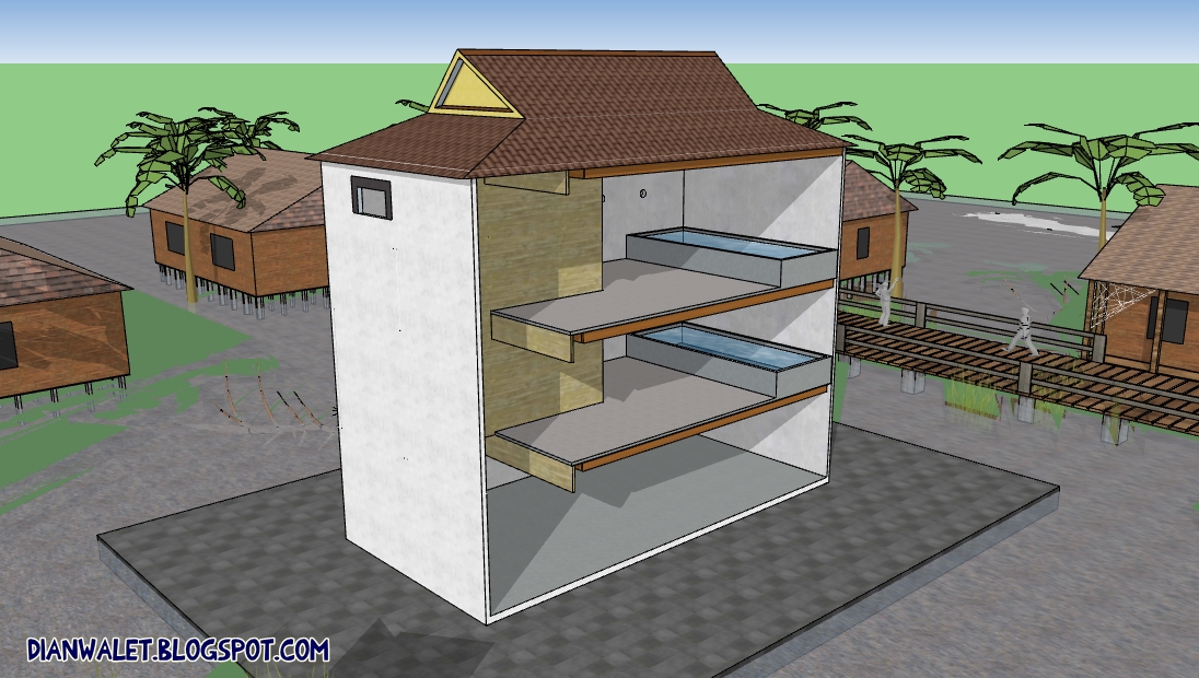 Desain Gedung Walet RBW 4X8 3 Lantai Sekat Tengah Full