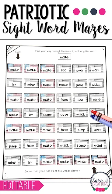 Patriotic Sight Word Mazes are editable and AWESOME!  Perfect for Fourth of July, Memorial Day, Veteran's Day, Flag Day and more!