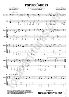      Tablatura y Partitura de Bajo Eléctrico (4 cuerdas) Popurri Mix 13 La Cucaracha, Cumpleaños Feliz, El Patio de Mi Casa Tablature Sheet Music for Electric Bass Music Score Tabs