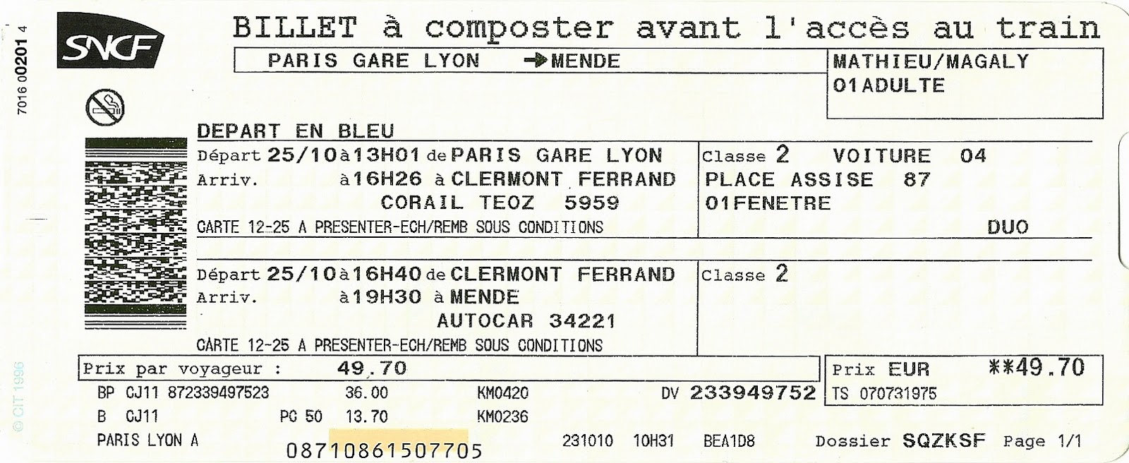 The traveler's drawer SNCF. Billet Paris Gare Lyon Mende (2010)