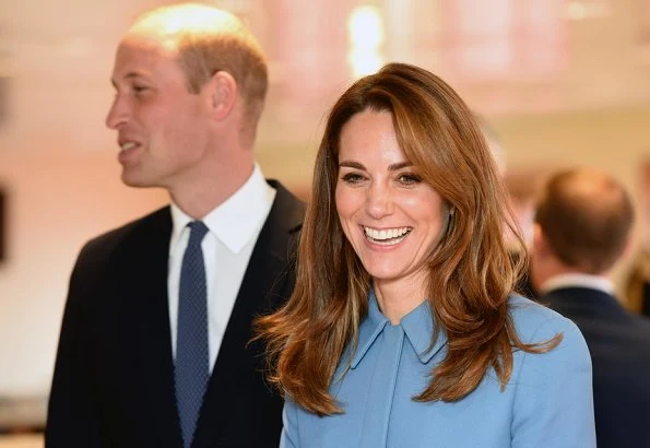 Kate Middleton wore a cornflower blue coat by Alexander McQueen. Emmy London Josie shoes Mappin and Webb empress drop earrings