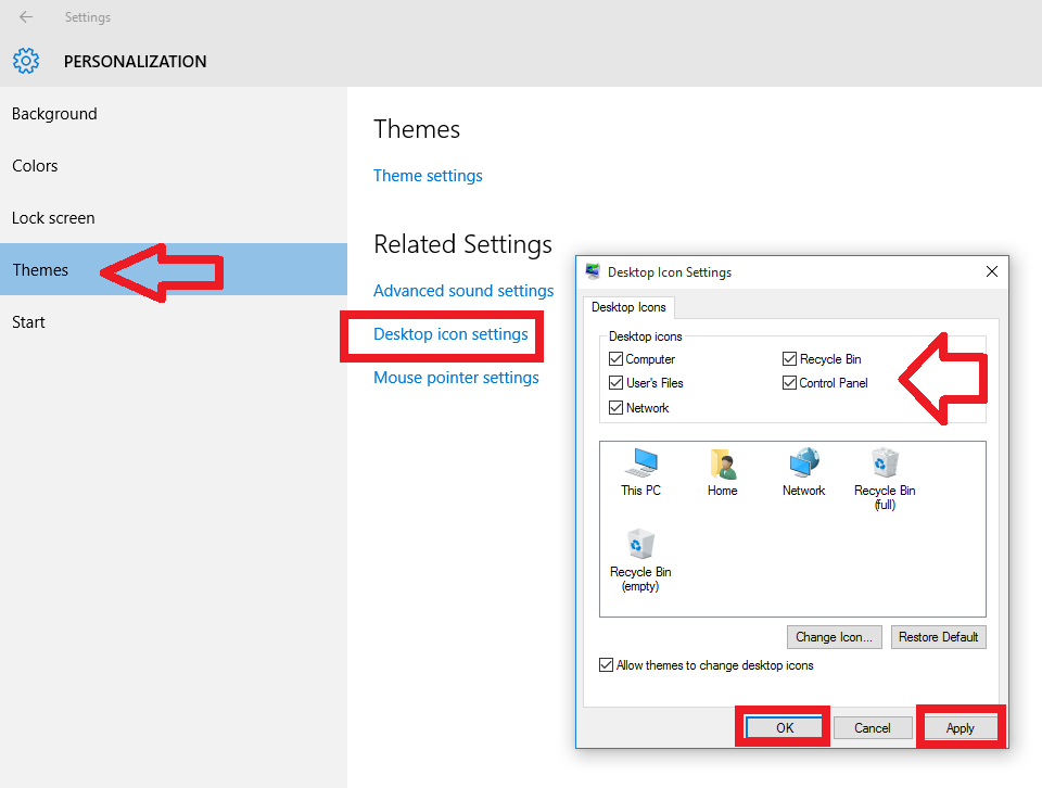where is apply button on desktop icons setting link