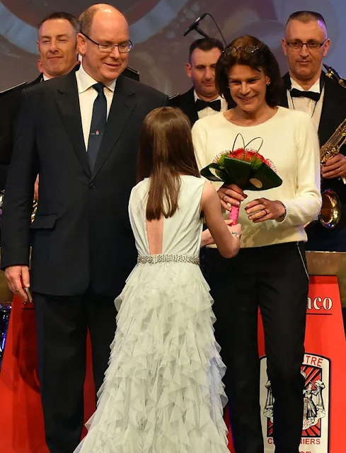 Prince Albert of Monaco and his sisters Caroline, Princess of Hanover and Princess Stéphanie of Monaco attended celebrations of 50th anniversary of the Police Orchestra, style, jewelery, diamond earrings, wedding dress, wedding diamond