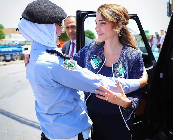 Queen Rania Al Abdullah of Jordan visited Urban Development Charitable Society in Bait Ras village of Irbid city, Queen Rania Style wore deresses Gant Fashions