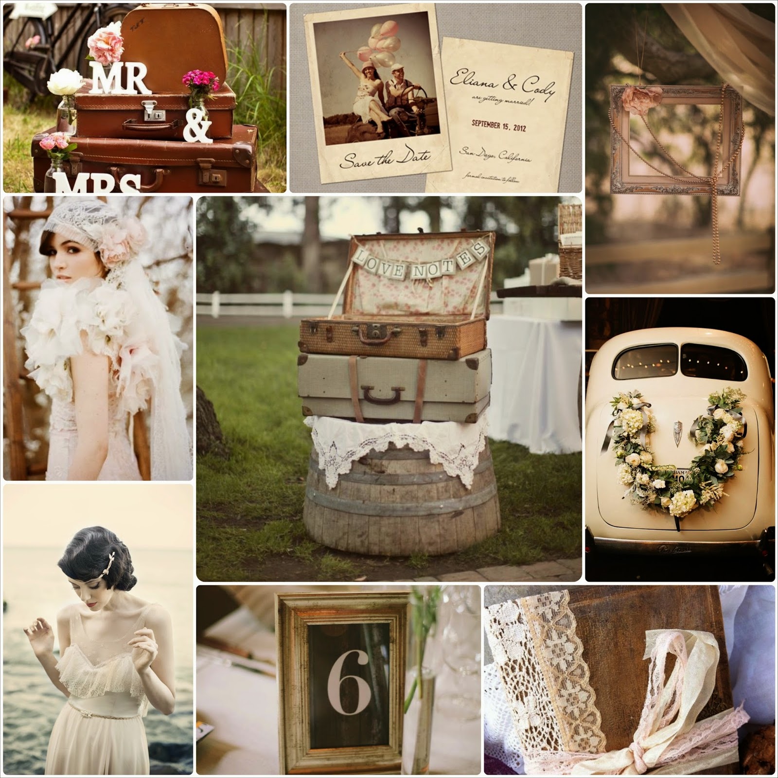 Inspiración bodas de estilo retro vintage, objetos de estilo antiguo, decoración y vestidos