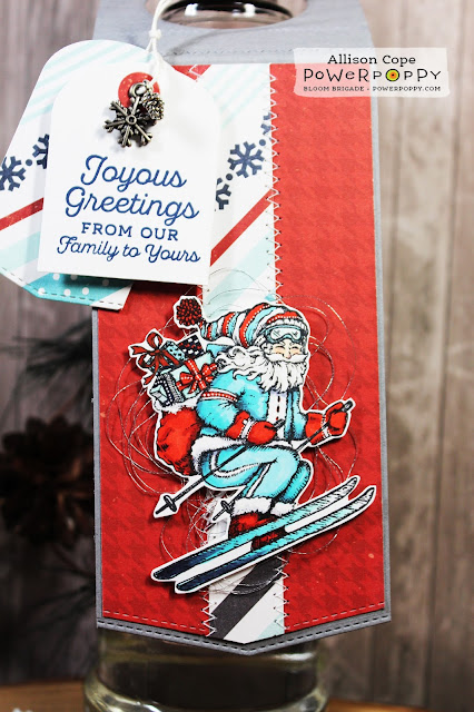 Wine Tag featuring Power Poppy's "Action Santa" & "Holly Golightly" stamp sets by Allison Cope.