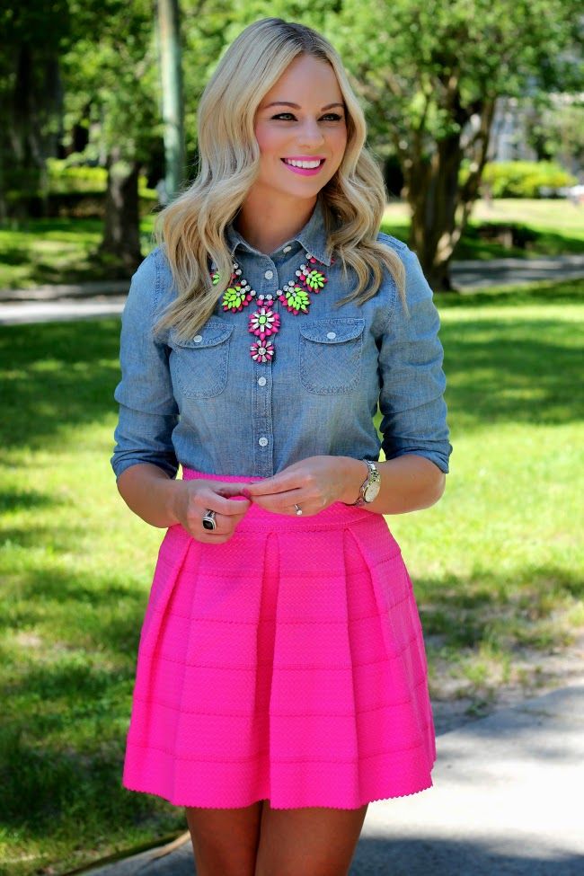Street style Denim shirt, pink skirt and statement necklace Just a