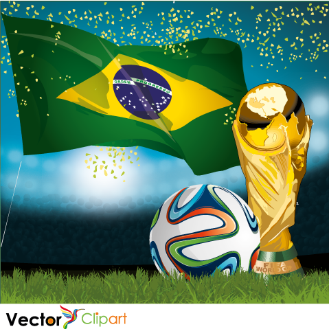 Estadio, bandera, balón y copa Brasil 2014 - Vector