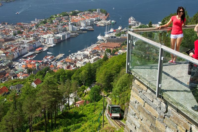 The Fløibanen funicular railway, this is the view from the top of Fløyen Mountain Bergen, Norway.