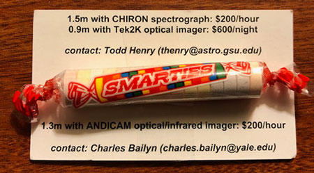 Candy covered business card for renting time on a telescope