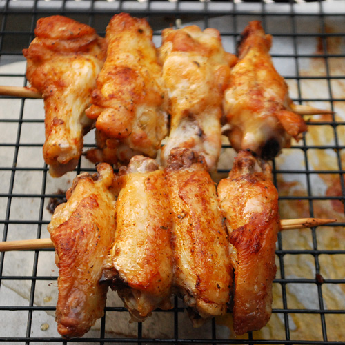 Hot chick on a stick, Alton Brown wings, tailgating, pub food, 