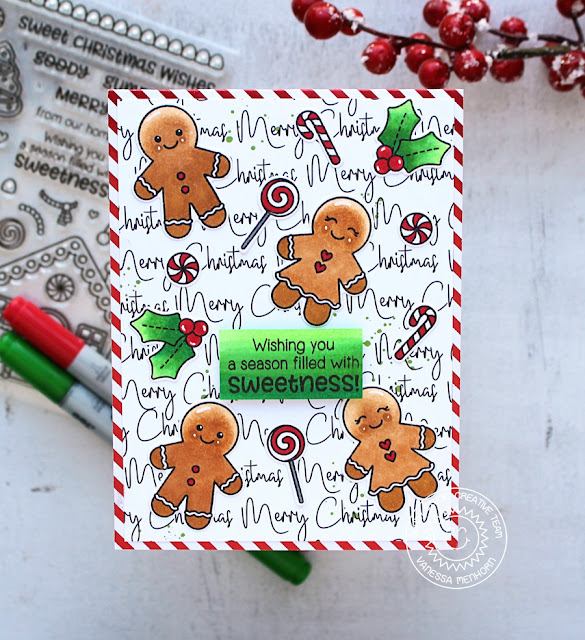 Sunny Studio Stamps: Jolly Gingerbread Script Background Sweet Christmas Card by Vanessa Menhorn
