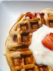 Strawberry Vanilla Waffles with Yogurt - These waffles are bursting with strawberries inside, along with a hint of vanilla. The perfect breakfast! - Slice of Southern