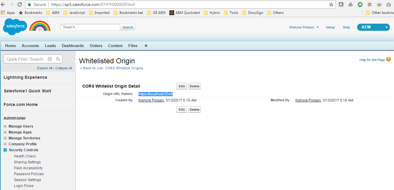 AEM Salesforce lightning component AccessControlAllowOrigin
