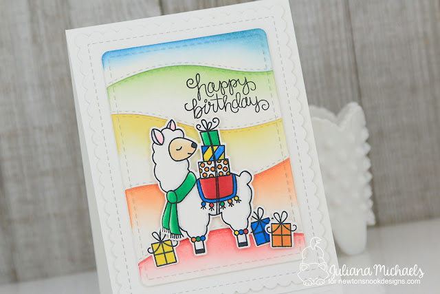 Llama Birthday Card by Juliana Micheals with Distress Ink Die Cut Rainbow Background featuring stamps by Newton's Nook Designs