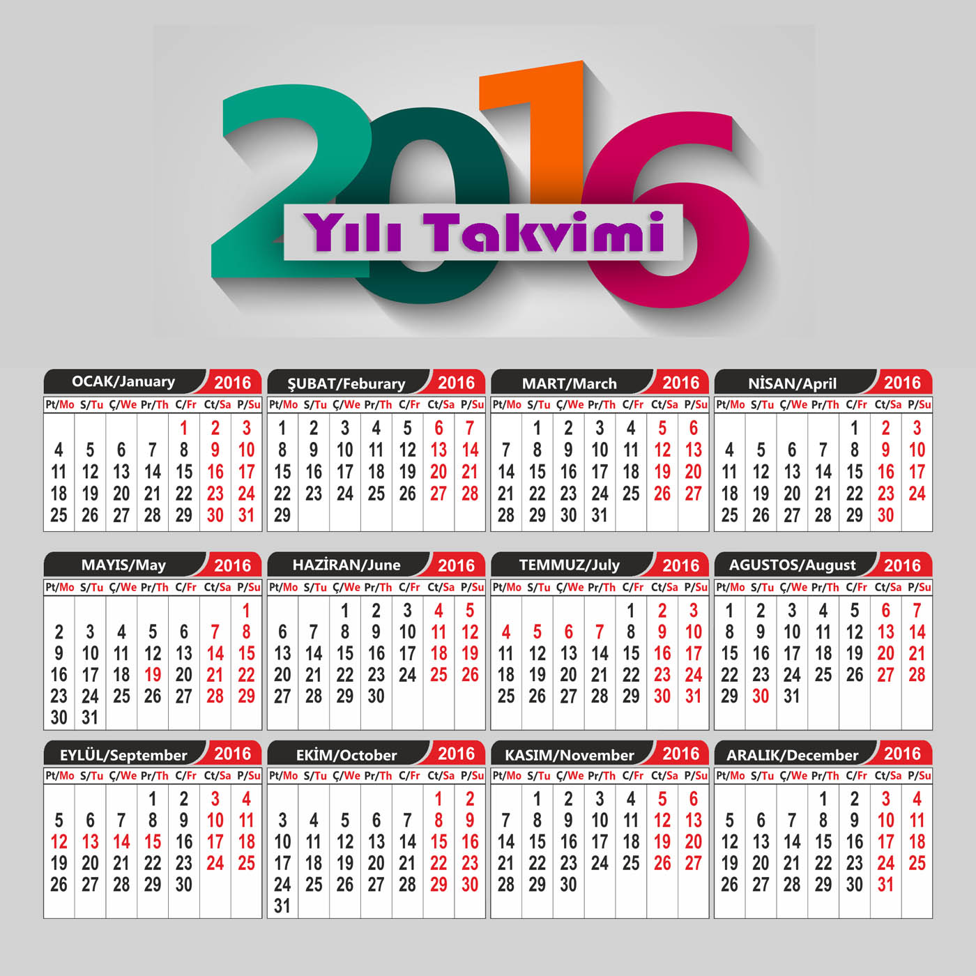 vektorel 2016 takvim turkce 2