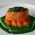 Citrus-Marinated Salmon with a Confit of Navel Oranges, Beluga Caviar and Pea Shoot Coulis