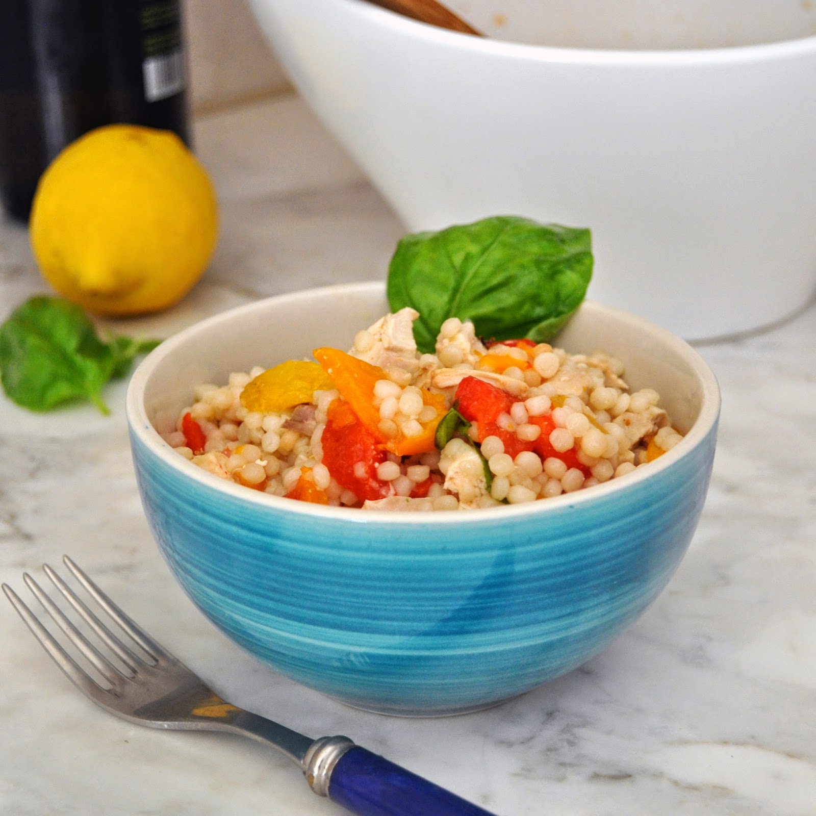 Cooking with Manuela: Pearl Couscous Salad with Chicken and Grilled Peppers