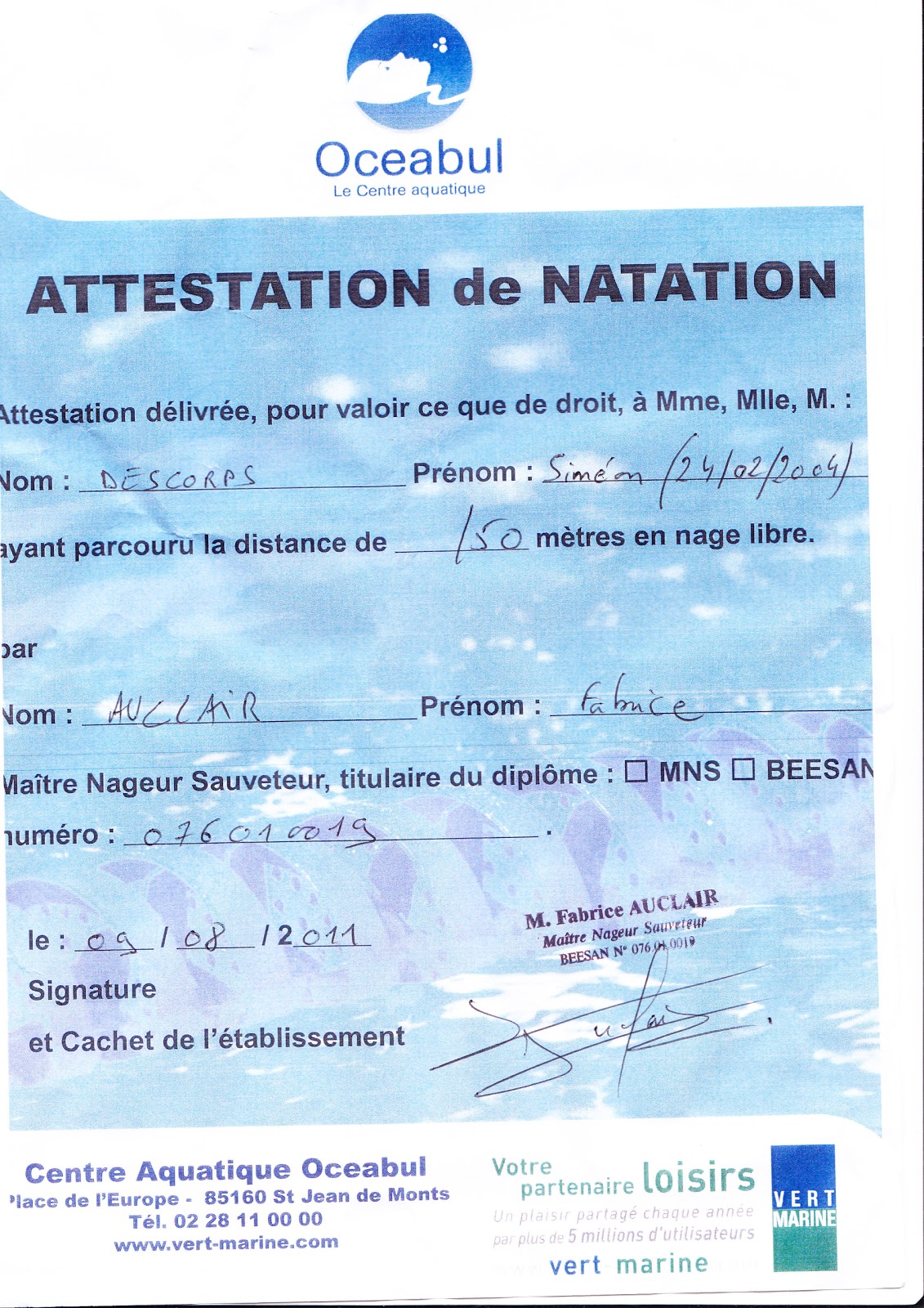 diplome de 50m nage libre diplome de 50m nage libre