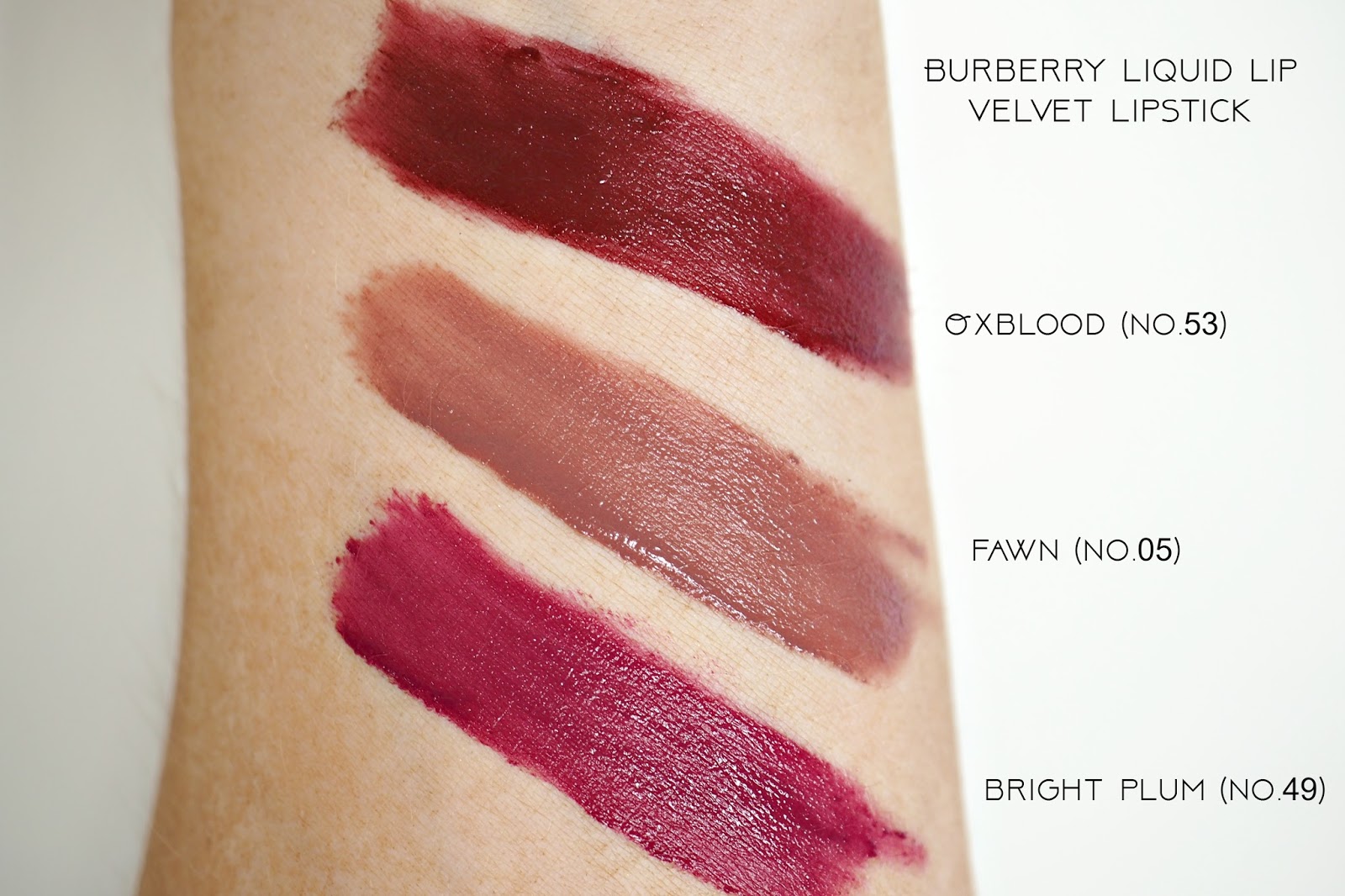 Burberry Liquid Lip Velvet Lipsticks swatches in oxblood, fawn and bright plum