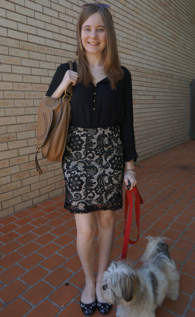Jeanswest tilda shirt tucked into living doll black lace pencil skirt