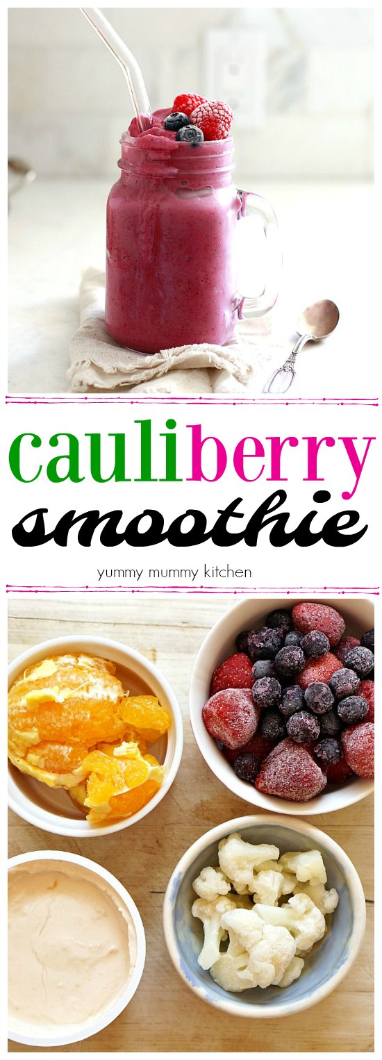 cauliflower smoothie A delicious cauliflower smoothie with orange, frozen berries, vegan yogurt, and frozen cauliflower. What a great way to get kids to eat more veggies!