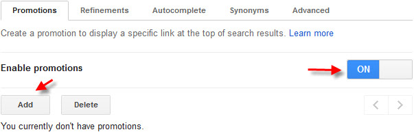 Promotions setting for Google custom search engine.