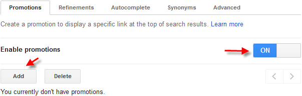 Promotions setting for Google custom search engine.