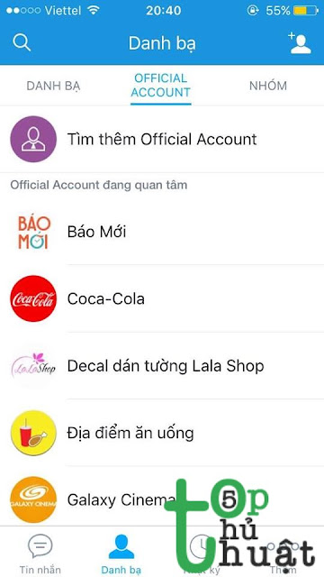 Vào giao diện Official Account
