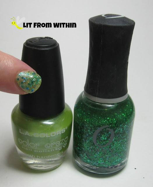Bottle shot:  LA Colors unknown yellow-green shimmer, and Orly Mermaid.