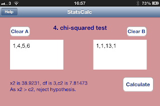 iOS App SciStatCalc screenshot chi-squared test, critical value, degrees of freedom