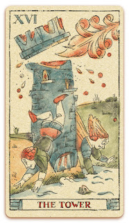 The Tower card - Colored illustration - In the spirit of the Marseille tarot - major arcana - design and illustration by Cesare Asaro - Curio & Co. (Curio and Co. OG - www.curioandco.com)