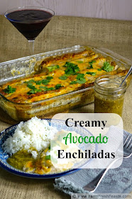 A rich vegetarian dish, these avocado, bell pepper, and caramelized onion enchiladas are spiced with roasted Hatch chiles and covered in plenty of cheese.