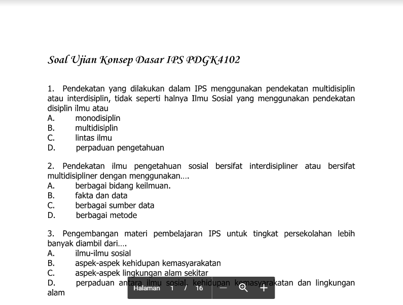 Contoh Soal Ujian Konsep Dasar IPS PDGK4102 Tugas Kuliahku