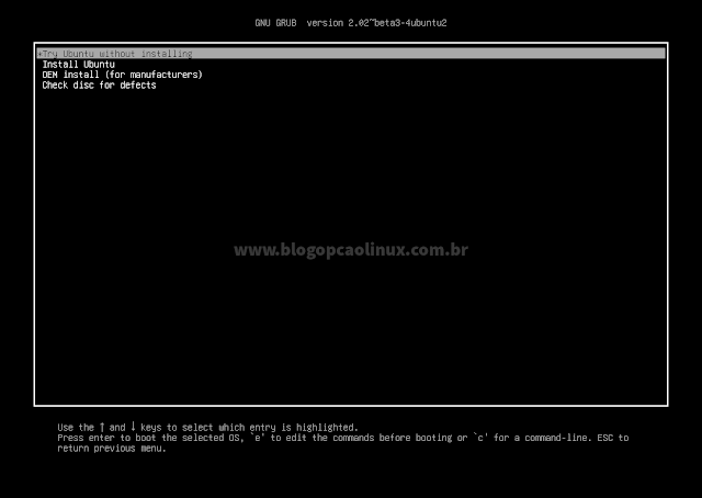 Tela de boot da mídia de instalação do Ubuntu em sistemas UEFI