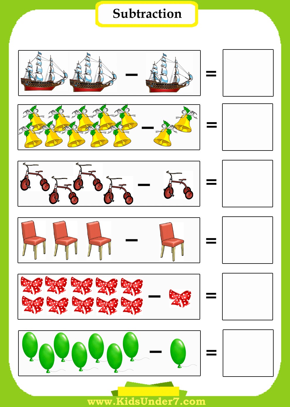 Kids Under 7: Subtraction Worksheets